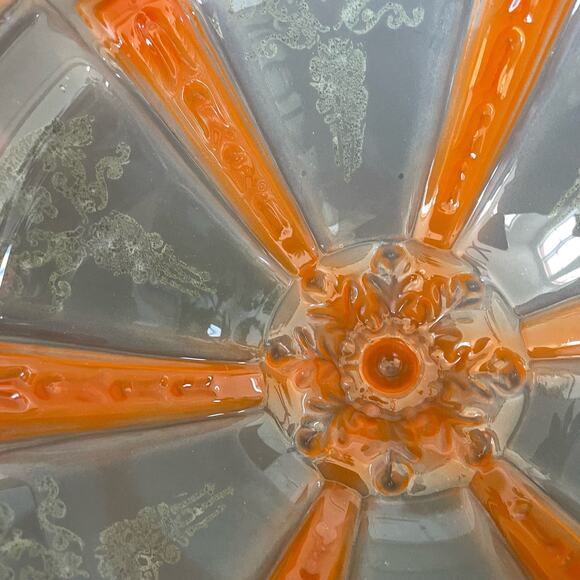 Vintage Art Deco Shade Ceiling Light Fixture Frosted Glass w/ Orange Etched MCM - Picture 6 of 16